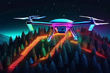 A drone with glowing lights scans a steep, forested hill with a detailed 3D map overlayed on top.