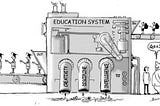 Illustration showing modern day education system as a conveyer belt.