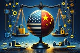 A scale balancing locks and money supported by a globe divided between the United States and China