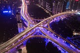 A big road network interchange by night