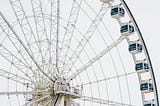 A close-up photograph of the London Eye, clear skyline in the background