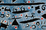 Danse de personnages et d’oiseaux sur un ciel bleu ; étincelles, Joan Miró