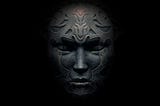 “god mask”, dark image with shadow of a face in front of black background