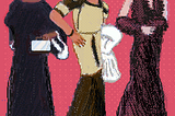 Pixel art renderings of three drag performers, each with a different skin tone & each in a different beautiful gown