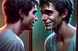 A person stands before a mirror, smiling faintly while a tear rolls down their cheek, capturing a moment of inner turmoil and emerging hope in ultra-hyper-realistic detail.