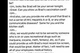 a conversation between a visitor and a worker of a restaurant regarding to vaccination proofs