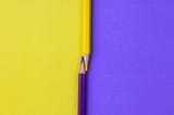 Purple and yellow crayons resting on purple and yellow background