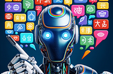 A futuristic AI robot holding a pen surrounded by colorful speech bubbles, each containing different symbols to symbolize different languages and cultures.