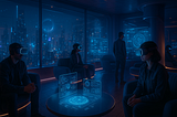 Futuristic VR lounge with people immersed in high-end virtual worlds and glowing holograms.