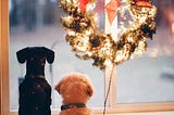 Two dogs looking out a window with a lit up wreath, waiting for their deployed or first responder person to come home.