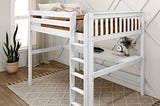 Premium Hardwood Queen Loft Bed with Straight Ladder and Long Desk | Image