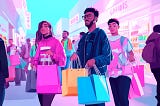 An illustration of a busy bright shopping street with three young adult friends in the foreground holding multiple shopping bags.