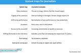 System trap Journalism examples Policy resistance The war on drugs; reforms that fail; missed targets Overuse leading to shortages; climate change impacts; AI Tragedy of the commons Drift to low performance Normalisation of poor performance or low productivity Escalation Arms races; races to the bottom Success to the successful Increasing concentration of wealth or resources Shifting the burden to the intervenor Subsidies, price fixes and delaying the impact/cost of a policy Rule b