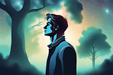 Illustration of a man afraid in a forest at night