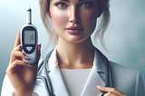Confident female doctor in lab coat holding a glucose meter and stethoscope