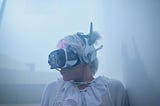 Head-and-shoulders of a person in white wearing a VR headset and earphones. Looks like a very retro white smock. Foggy background.