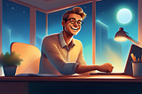 Illustration of a smiling man sitting at an empty desk