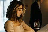 woman looking at a glass of wine as her date stands in the distance