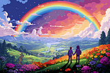 Two people holding hands in the middle of a field full of flowers looking out onto a lush green valley with a huge rainbow in the sky above them.