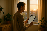 Person standing by a sunrise-lit window holding a digital planner — representing clarity and mindful daily routines.