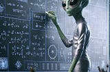 An alien doing mathematics on a board