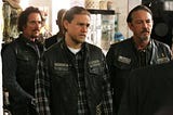 “Tig” Trager(Kim Coates), Jax Teller (Charlie Dunham), and Chibs Telford (Tommy Flanagan) of FX series Sons of Anarchy