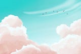 a digital painting of pink and coral clouds with a aqua green sky, with birds flying over the clouds
