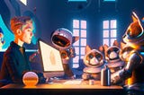 AI-generated cover image depicting two humans around the table with 5 cats in spacesuits watching over a well lit computer screen.
