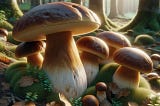 Boletus edulis, also known as Porcini mushrooms, in their natural forest habitat. Characteristic large, rounded brown caps and the thick, white to yellowish stems, which are key identification features of this species. Dappled sunlight, fallen leaves, and moss adds to the realism of their typical environment.