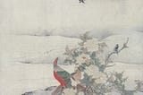 Korean art with birds, foliage, mountains, and negative space.