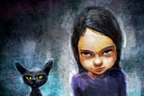 A haunting look from a kid and a black cat.