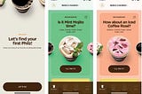 Philz order-ahead app, welcome screen and drink suggestions