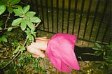 Young man passed out in a bush wearing a pink tutu shaped like a large flower.