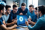 A group of people gather around a digital screen, eagerly discussing and trading cryptocurrency seed codes. The atmosphere is tense and filled with excitement