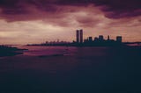 The New York City skyline sometime after the construction of the World Trade Center in 1973.