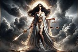 One of images for “ancient scales of destiny”. Woman among energetic clouds holds a sword and scales, ready to bring justice, not blindfolded