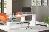 HomCom Adjustable L-Shaped Swivel Desk in White | Image