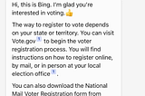 A screenshot asking Bing how to register to vote. The response reads provides high level information and instructs you to go to Vote.gov for instructions or to download the National Mail Voter Registration form. It also says you can check your voter registration on USA.gov. Citations are provided.