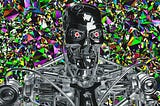 Image of the T-800 Terminator model against a shattered, rainbow glass background
