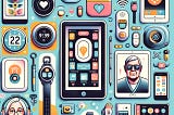 “An illustration featuring a collage of top 10 smart-tech gadgets for seniors, as featured in the article ‘Gift Ideas: Top 10 Smart-Tech Useful Gadgets for Seniors on Amazon’. The image includes representations of a simple smartphone, a digital photo frame, a personal emergency response device, a smart assistant device, a health monitoring smartwatch, a user-friendly tablet, an audiobook reader, an automatic pill dispenser, a key finder, and a smart home thermostat.