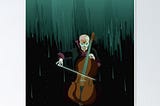 Yes, it’s a cello, not a violin. https://www.redbubble.com/i/poster/Symphony-of-the-Void-by-U-Alatalo/39788487.LVTDI