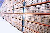a giant wall of stacked boxes in a warehouse
