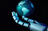 A futuristic digital art representation of a robot hand holding a globe, symbolizing the impact of AI across industries.