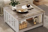 Elegant Square Farmhouse Coffee Table with Storage & Adjustable Foot Pads | Image