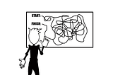 A cartoon figure of a human looks a convoluted map on the wall trying to figure out what route to take.