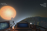 The player is in the cockpit of their spaceship, hovering in the atmosphere of their home planet. They can see both the curve of their planet as well as the sun in the distance.