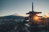 Japanese pagoda with Mount Fuji in the background