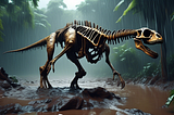 DALL-E prompt:

A dramatic scene of a partially exposed dinosaur skeleton emerging from eroded muddy ground during a heavy rainstorm in a lush Brazilian rainforest setting.