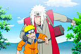 A gif showing Naruto walking with Jiraiya from the Naruto anime