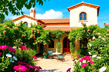 A picturesque Spanish villa with terracotta roofs and arched windows, surrounded by lush greenery and blooming flowers under a clear blue sky, exuding Mediterranean charm.